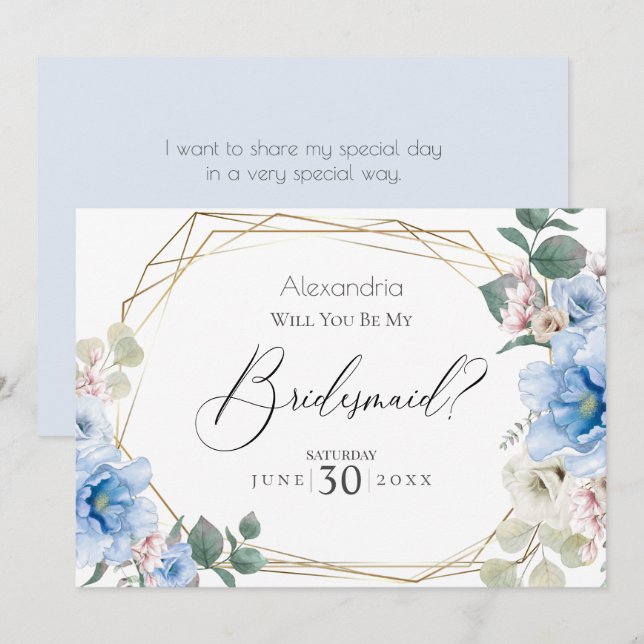 Blue Peony Flowers Will You Be My Bridesmaid Invitation (Front/Back)