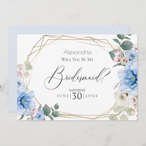 Blue Peony Flowers Will You Be My Bridesmaid Invitation