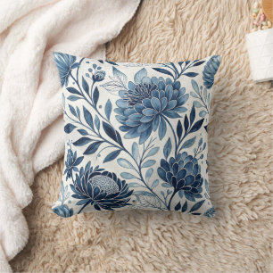 Blue Peony Garden Watercolor Throw Pillow