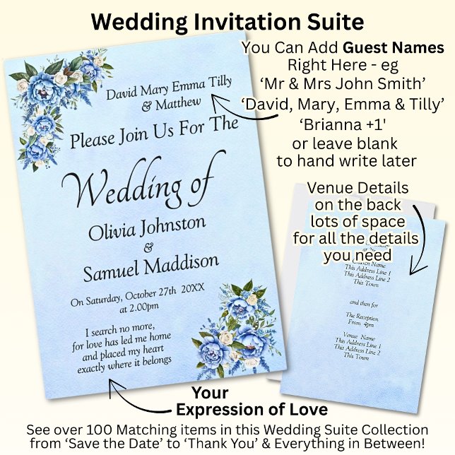 Blue Peony on Blue Wedding Suite Invitation (Creator Uploaded)
