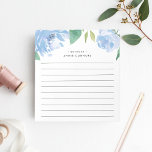 Blue Peony | Personalized Lined Notepad<br><div class="desc">Chic floral notepad features a top border of watercolor peony flowers in soft shades of blue with lush green leaves. Personalize with two lines of custom text in modern lettering; shown with the French greeting "bonjour" and your name. Lined.</div>