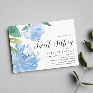 Blue Peony Sweet Sixteen Invitation