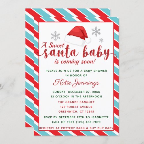 Blue Peppermint Stripe Santa Baby Shower Invitation