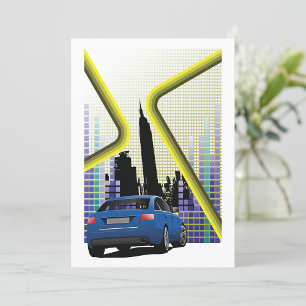 Blue Performance Car Urban Skyline Invitation