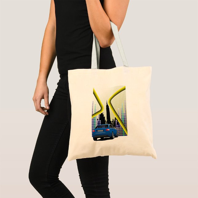Blue Performance Car Urban Skyline Tote Bag (Creator Uploaded)