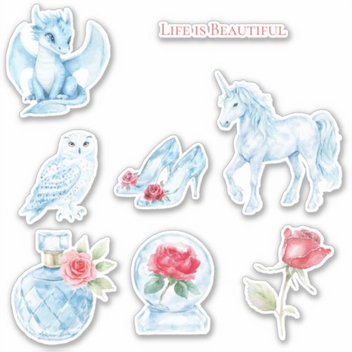 Blue Perfume Bottle Rose Owl Dragon Unicorn Sticker