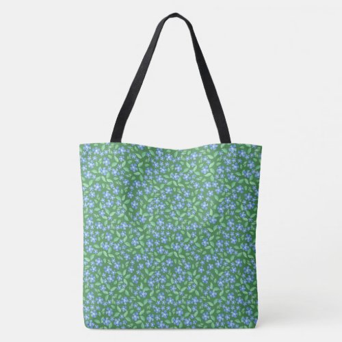 Blue Periwinkle Ditsy Floral Pattern on Green Tote Bag