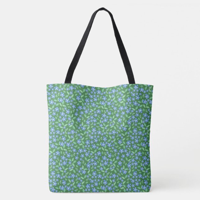 Blue Periwinkle Ditsy Floral Pattern on Green Tote Bag (Back)