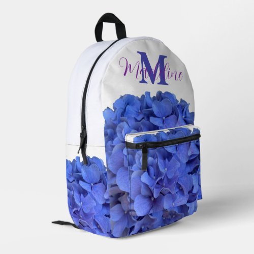 Blue periwinkle elegant floral hydrangeas monogram printed backpack