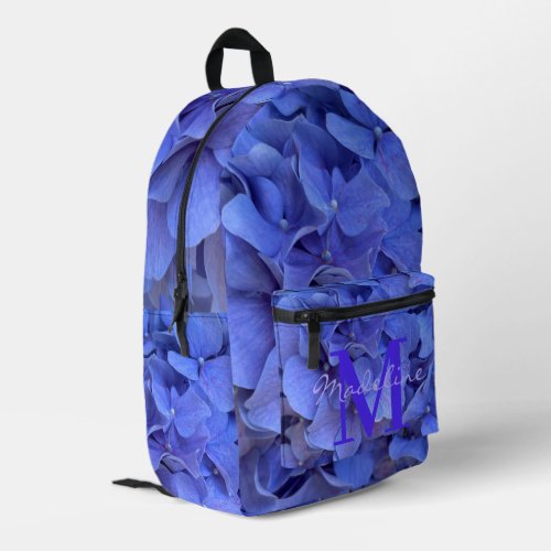 Blue periwinkle elegant floral hydrangeas monogram printed backpack