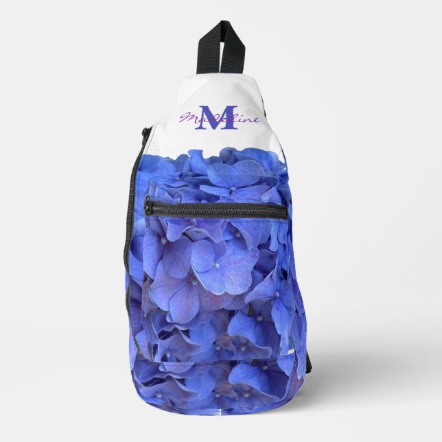 Blue periwinkle elegant floral hydrangeas monogram sling bag (Front)