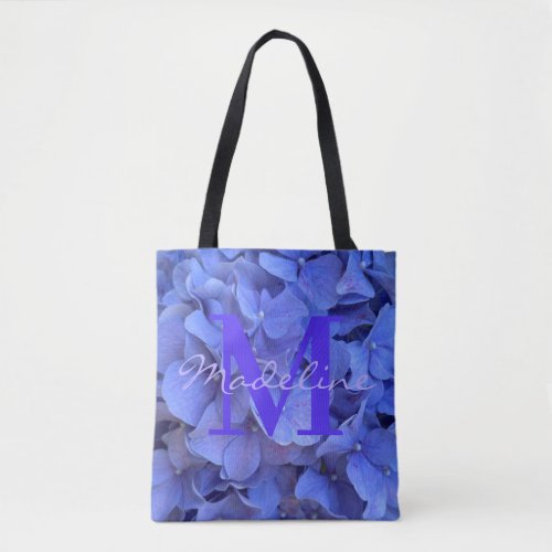 Blue periwinkle elegant floral hydrangeas monogram tote bag