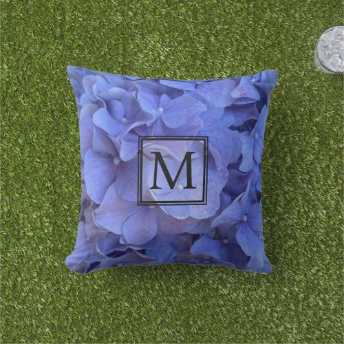 Blue periwinkle elegant floral hydrangeas  outdoor pillow
