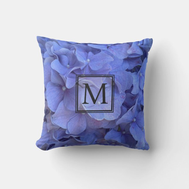 Blue periwinkle elegant floral hydrangeas  outdoor pillow (Front)