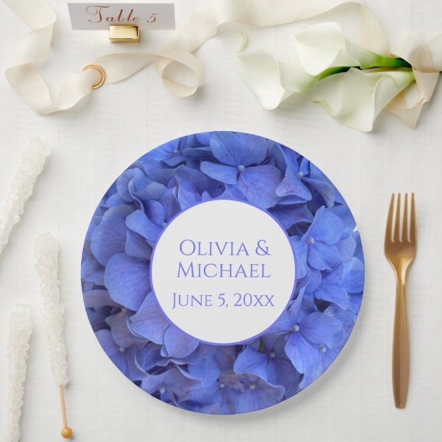 Blue periwinkle elegant floral hydrangeas  paper plates (Wedding)