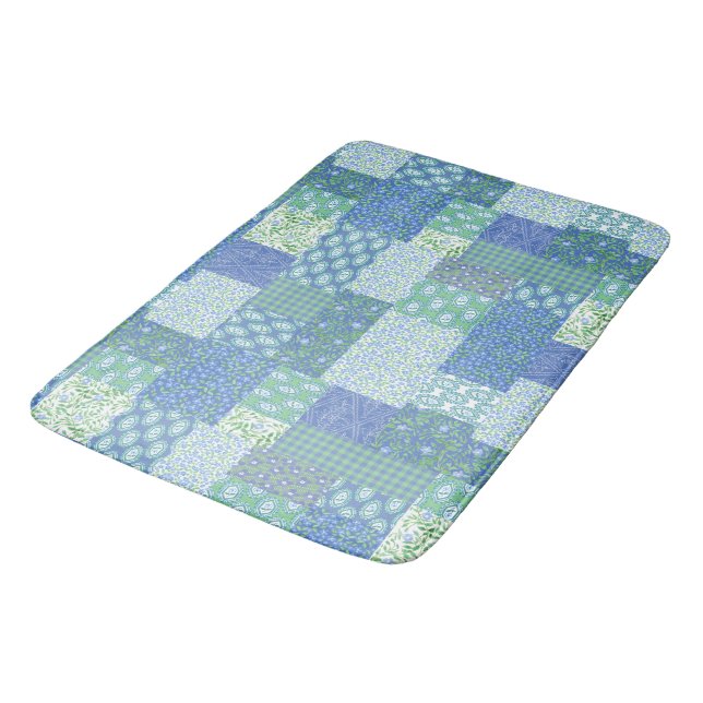 Blue Periwinkle Floral Boho Faux Patchwork Pattern Bath Mat (Angled)