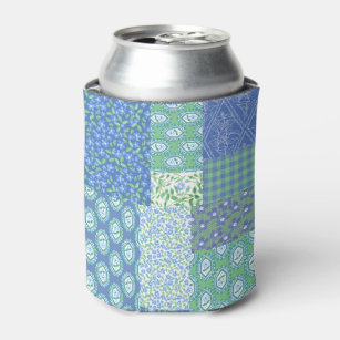 Blue Periwinkle Floral Boho Faux Patchwork Pattern Can Cooler