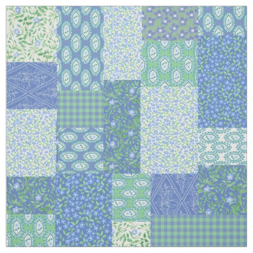 Blue Periwinkle Floral Boho Faux Patchwork Pattern Fabric