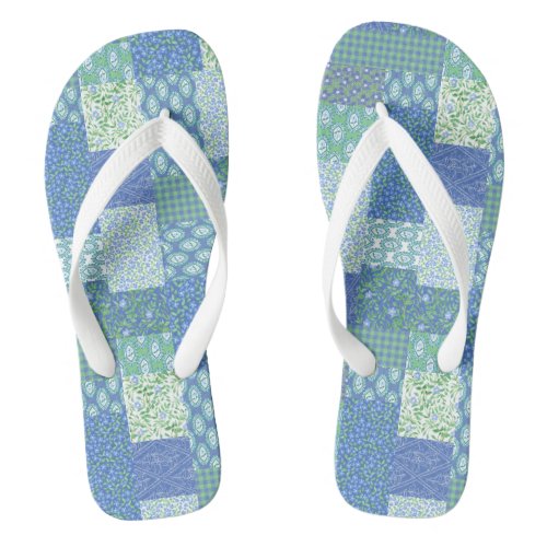 Blue Periwinkle Floral Boho Faux Patchwork Pattern Flip Flops