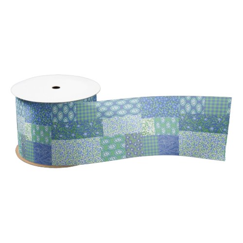 Blue Periwinkle Floral Boho Faux Patchwork Pattern Satin Ribbon