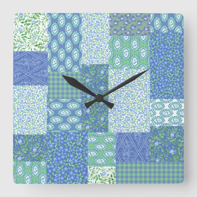 Blue Periwinkle Floral Boho Faux Patchwork Pattern Square Wall Clock (Front)