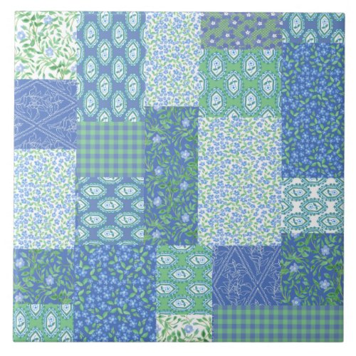 Blue Periwinkle Floral Boho Faux Patchwork Pattern Tile