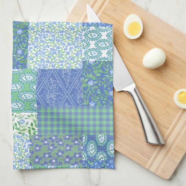 Blue Periwinkle Floral Boho Faux Patchwork Pattern Towel (Quarter Fold)