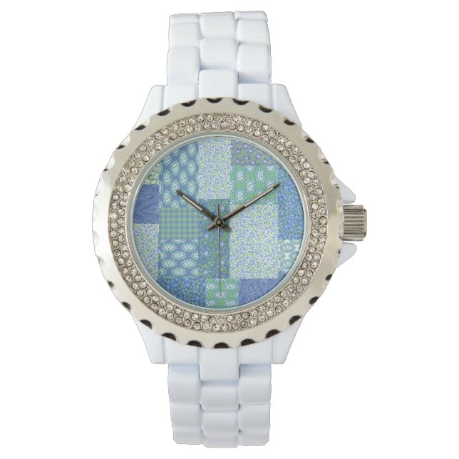 Blue Periwinkle Floral Boho Faux Patchwork Pattern Watch (Front)