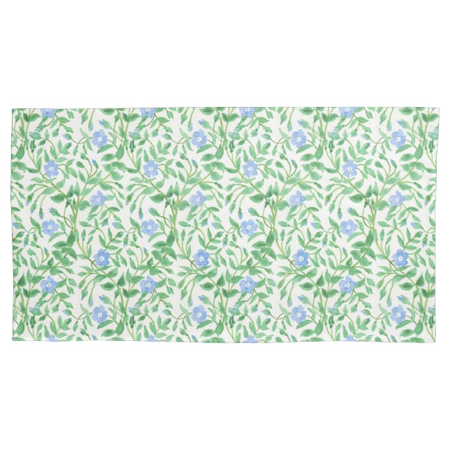 Blue Periwinkle Floral Pattern on White Pillowcase (Front-Left)