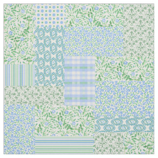 Blue Periwinkle Flowers Vintage Faux Patch Pattern Fabric
