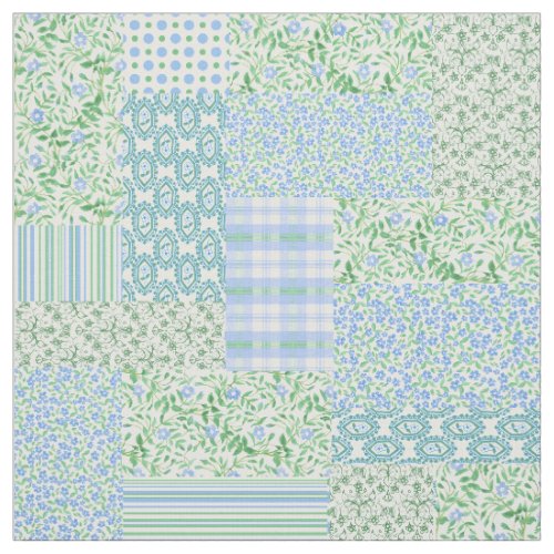 Blue Periwinkle Flowers Vintage Faux Patch Pattern Fabric