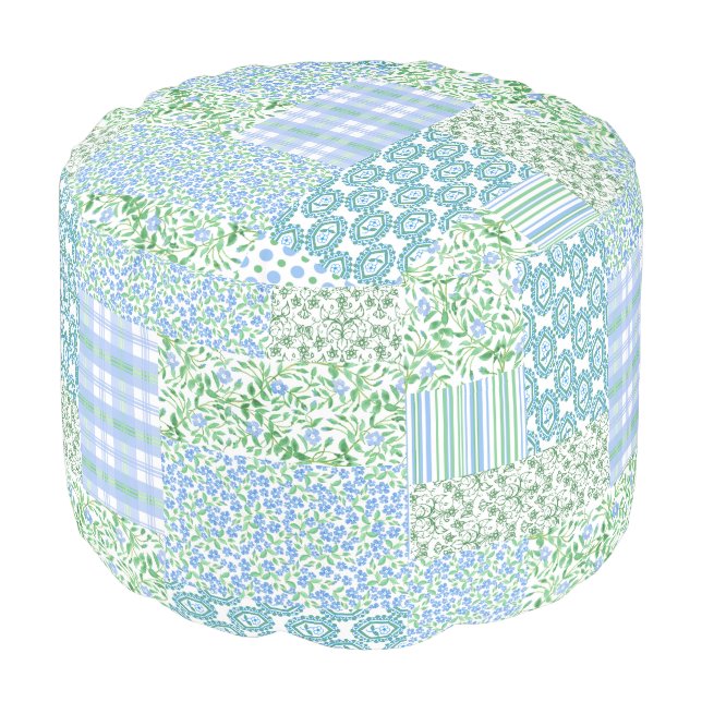 Blue Periwinkle Flowers Vintage Faux Patch Pattern Pouf (Angled Front)