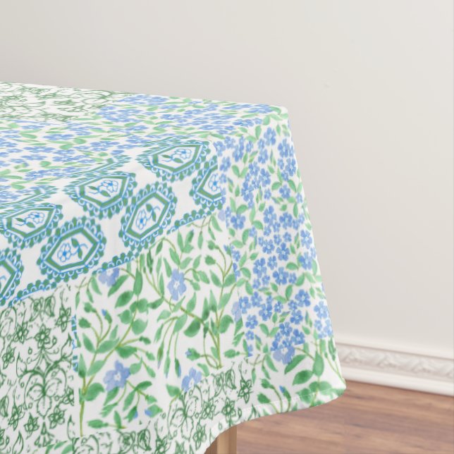 Blue Periwinkle Flowers Vintage Faux Patch Pattern Tablecloth (In Situ)