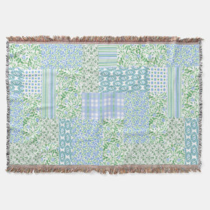 Blue Periwinkle Flowers Vintage Faux Patch Pattern Throw Blanket