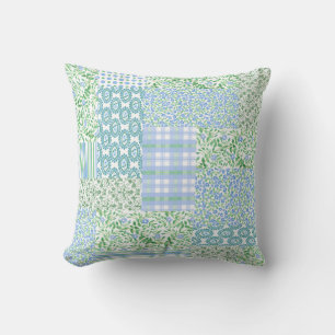 Blue Periwinkle Flowers Vintage Faux Patch Pattern Throw Pillow