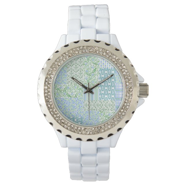 Blue Periwinkle Flowers Vintage Faux Patchwork Watch (Front)