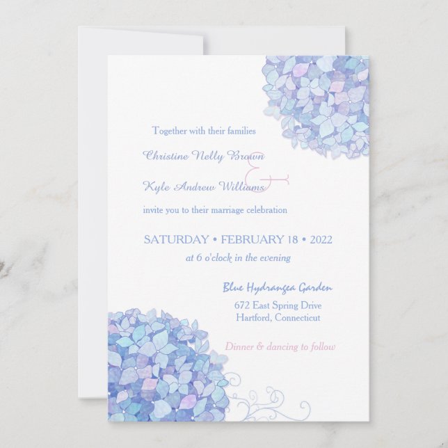 Blue Periwinkle Hydrangeas Garden Wedding Invitation (Front)