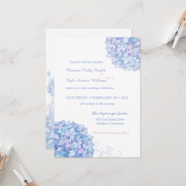 Blue Periwinkle Hydrangeas Garden Wedding 5x7 Paper Invitation