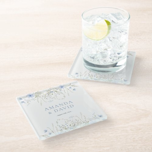 Blue Periwinkle Wildflower Wedding  Glass Coaster