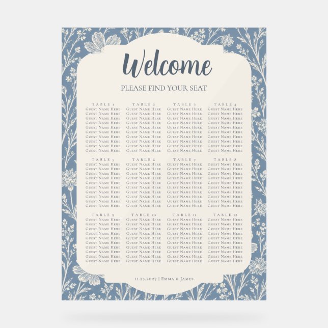 Blue Periwinkle Wildflower Wedding Seating Chart (Front)