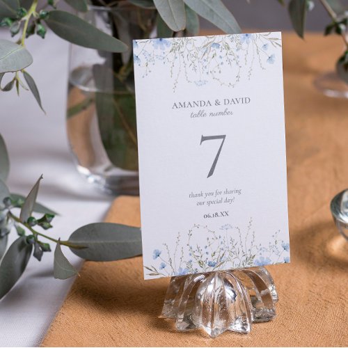 Blue Periwinkle Wildflower Wedding  Table Number