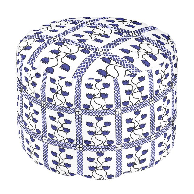 Blue Persian Asian Floral Geometric Pattern Pouf (Angled Front)