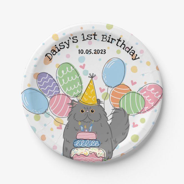 Blue Persian Cat Birthday Party Paper Plates (Front)