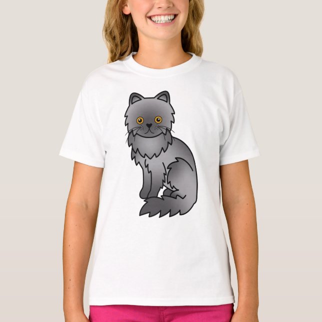Blue Persian Cute Cartoon Cat Illustration T-Shirt (Front)