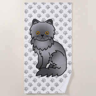 Blue Persian Cute Cartoon Cat & Paws Beach Towel