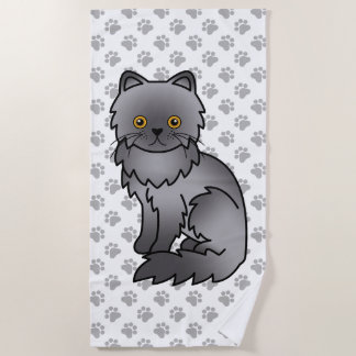 Blue Persian Cute Cartoon Cat &amp; Paws Beach Towel