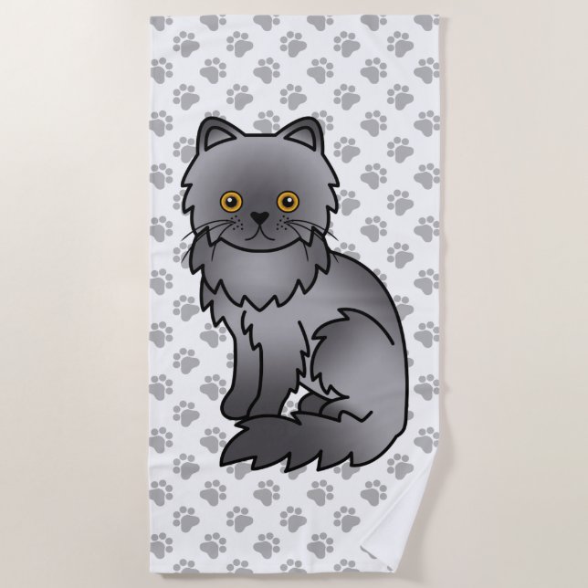 Blue Persian Cute Cartoon Cat & Paws Beach Towel (Front)