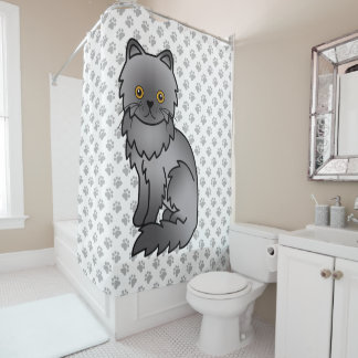 Blue Persian Cute Cartoon Cat &amp; Paws Shower Curtain