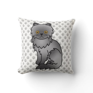 Blue Persian Cute Cartoon Cat &amp; Paws Throw Pillow