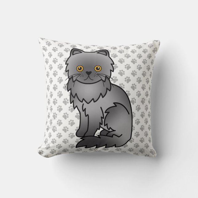 Blue Persian Cute Cartoon Cat & Paws Throw Pillow (Front)